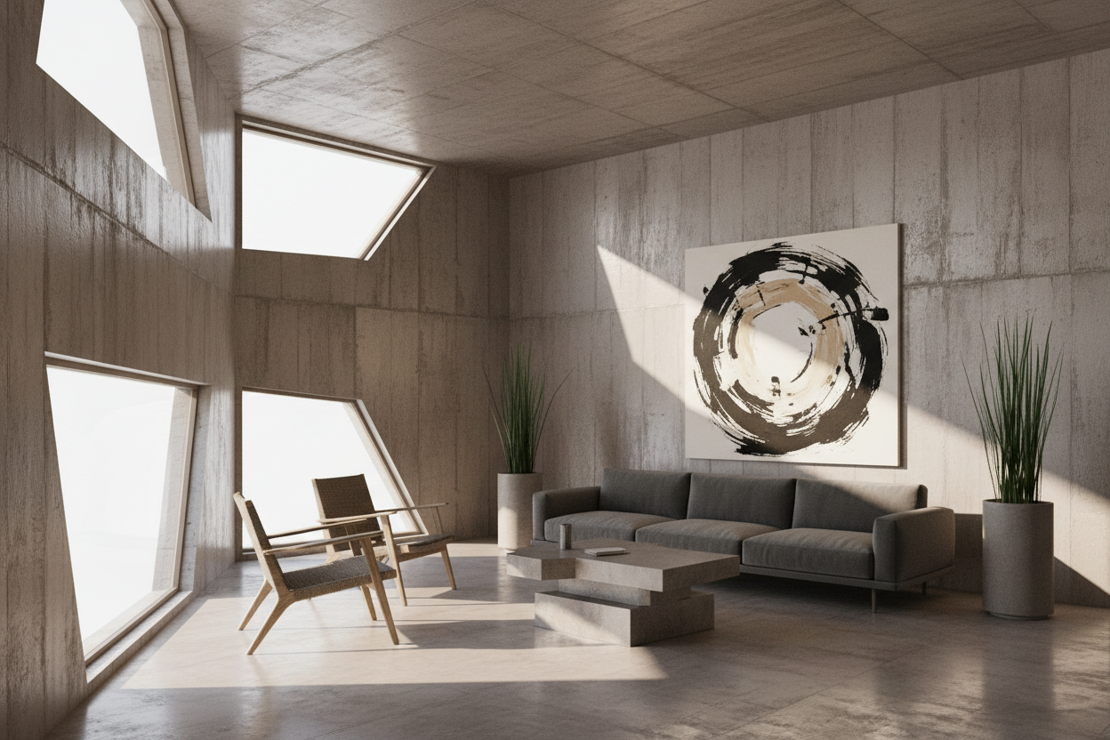 inside a brutalist room with aesthetic furniture